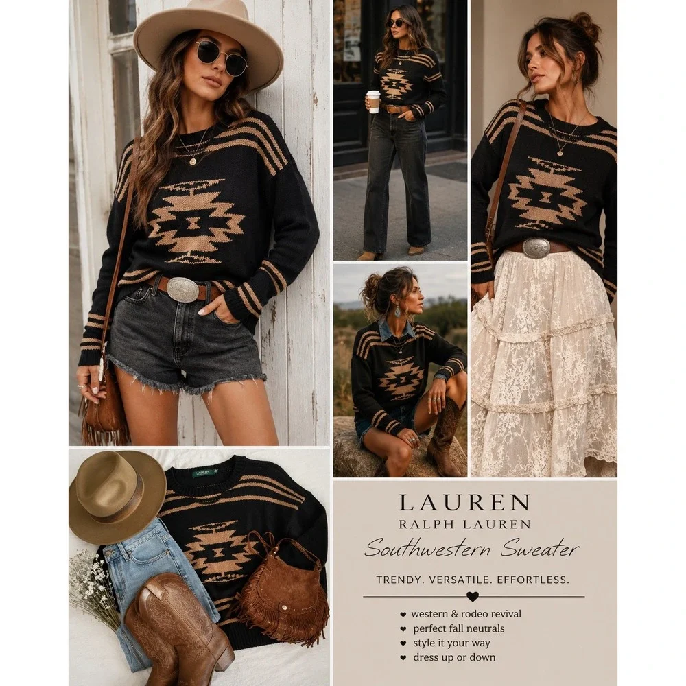 Lauren Ralph Lauren XL Southwestern Sweater Black Tan Aztec Cotton Wool